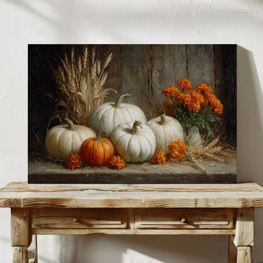 White Pumpkins Among Marigold Flames