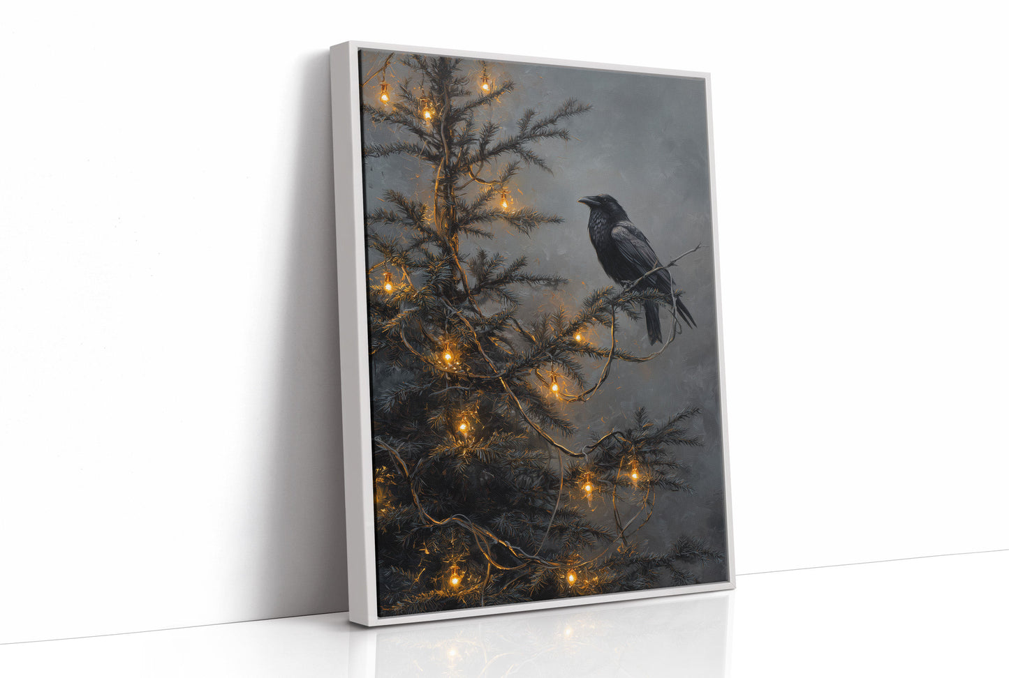 Raven Perches Among Winter Lights
