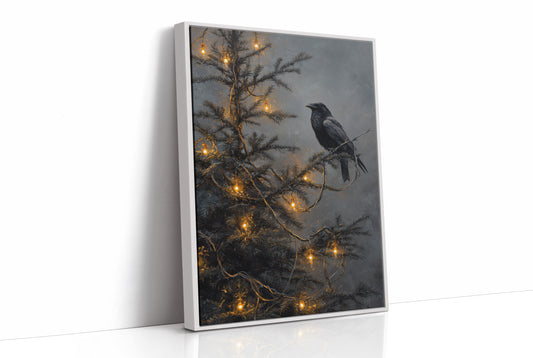Raven Perches Among Winter Lights