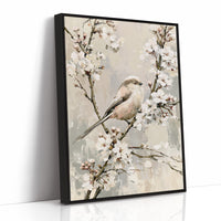 Long-Tailed Tit in Cherry Blossoms — Grey Taupe Oil Painting