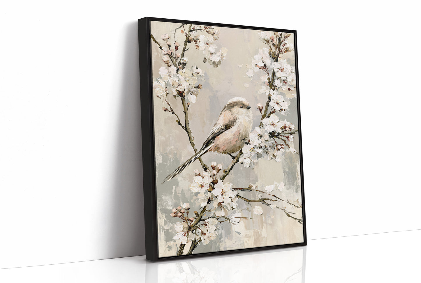 Long-Tailed Tit in Cherry Blossoms — Grey Taupe Oil Painting