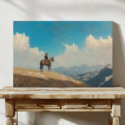 Lone Cowboy on Horseback – Western Mountain Landscape Wall Art Print