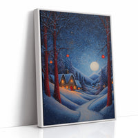 Moonlit Cabins Between Winter Pines