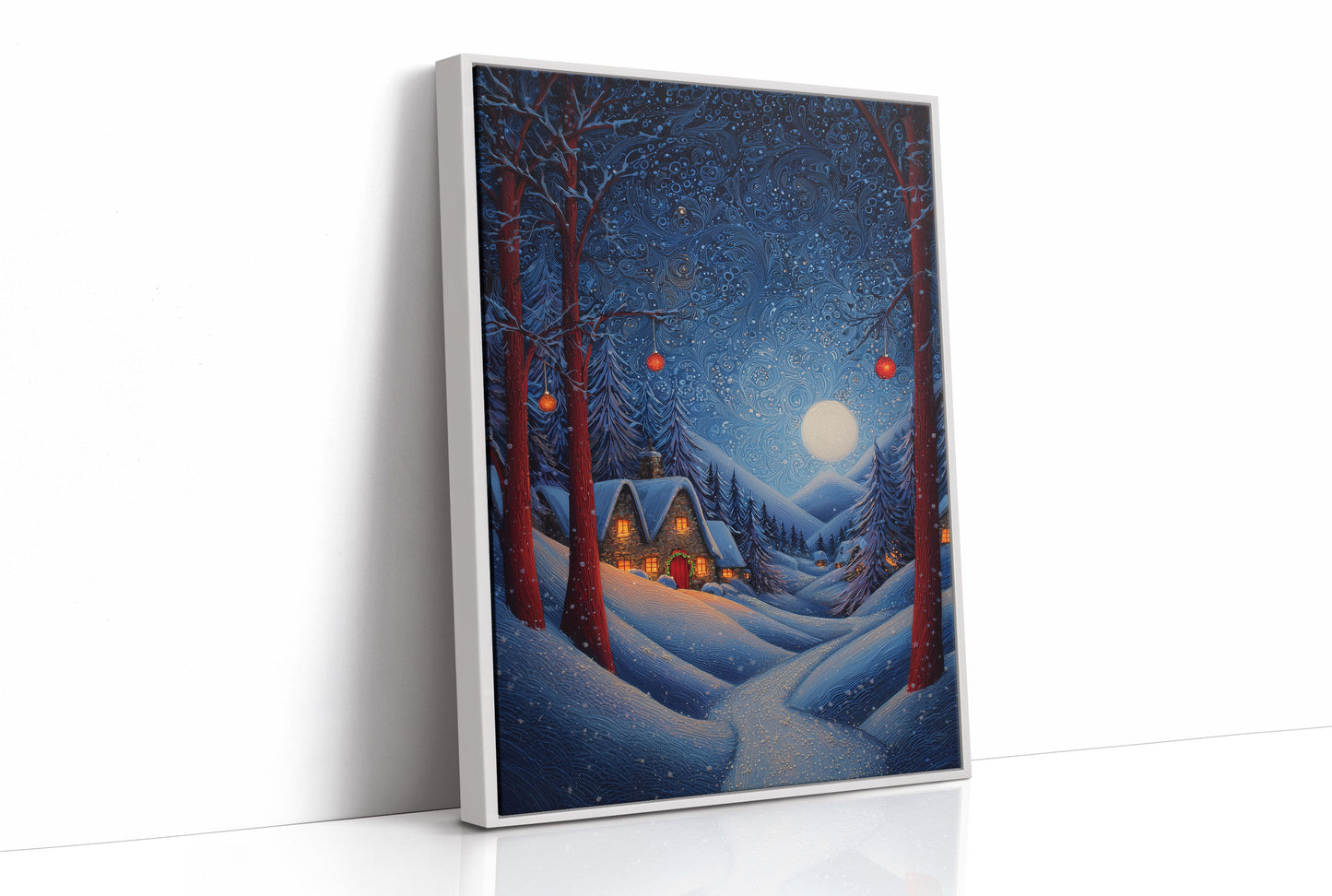 Moonlit Cabins Between Winter Pines