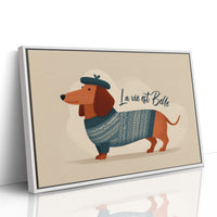 La Vie Est Belle Canvas Art | French Dachshund in Beret & Sweater Print for Living Room, Office or Dog Lover Décor