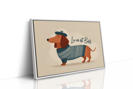 La Vie Est Belle Canvas Art | French Dachshund in Beret & Sweater Print for Living Room, Office or Dog Lover Décor