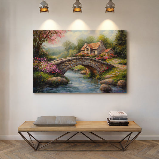 Roses Bloom By Ancient Stone Bridge
