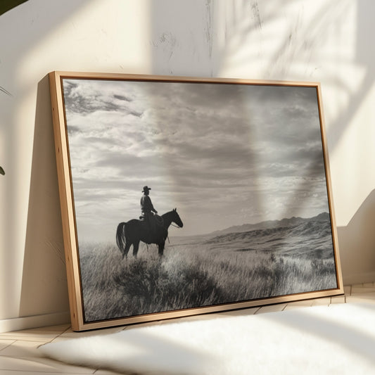 Framed black and white artwork of a person on horseback against a cloudy sky, displayed in a room with natural light.