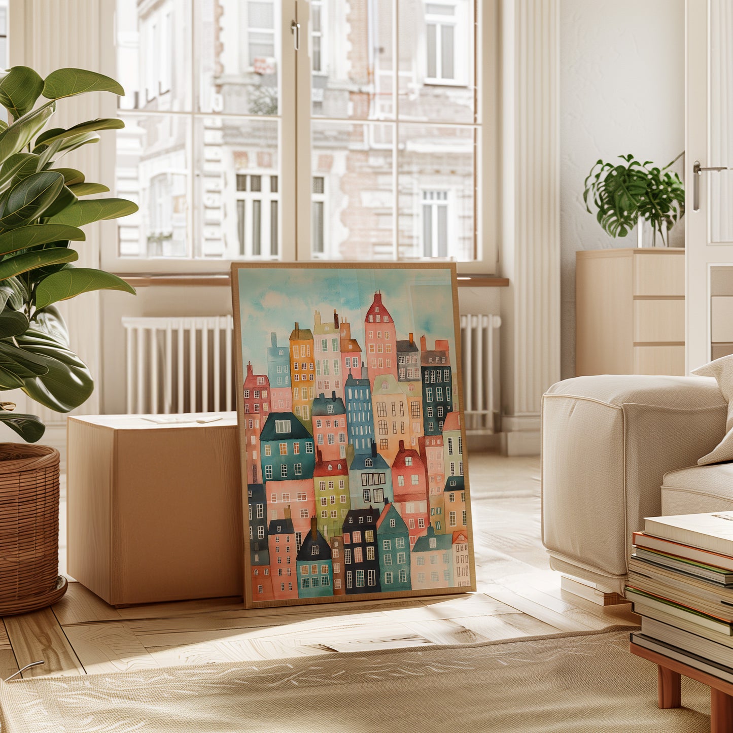 Colorful City Rowhouses Watercolor Print