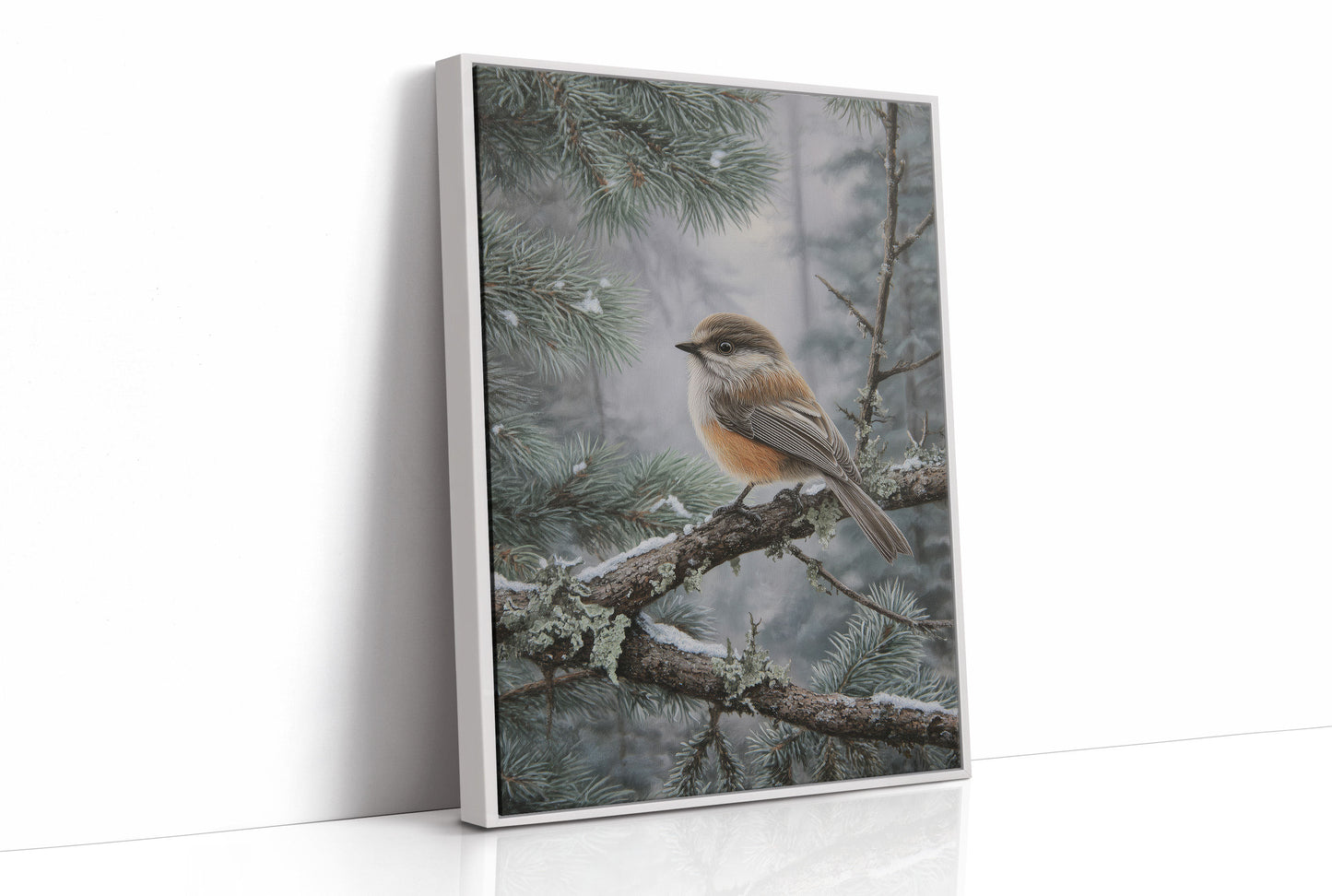 Winter Songbird Perches Among Pines