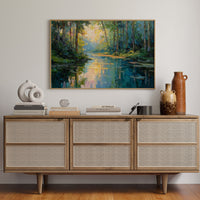 Sunlit Waters Between Tall Pines