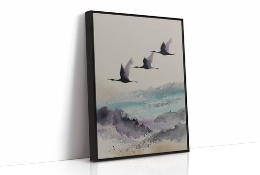 Three Cranes Cross Misty Waters