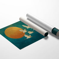 Cranes Dance Against Golden Moon