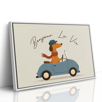 Bonjour La Vie Canvas Art | French Dachshund Driving Convertible Print for Living Room, Office or Dog Lover Décor