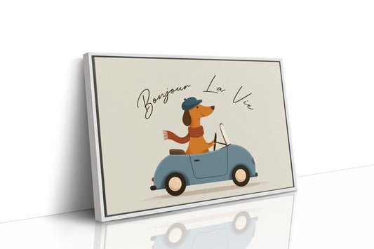 Bonjour La Vie Canvas Art | French Dachshund Driving Convertible Print for Living Room, Office or Dog Lover Décor