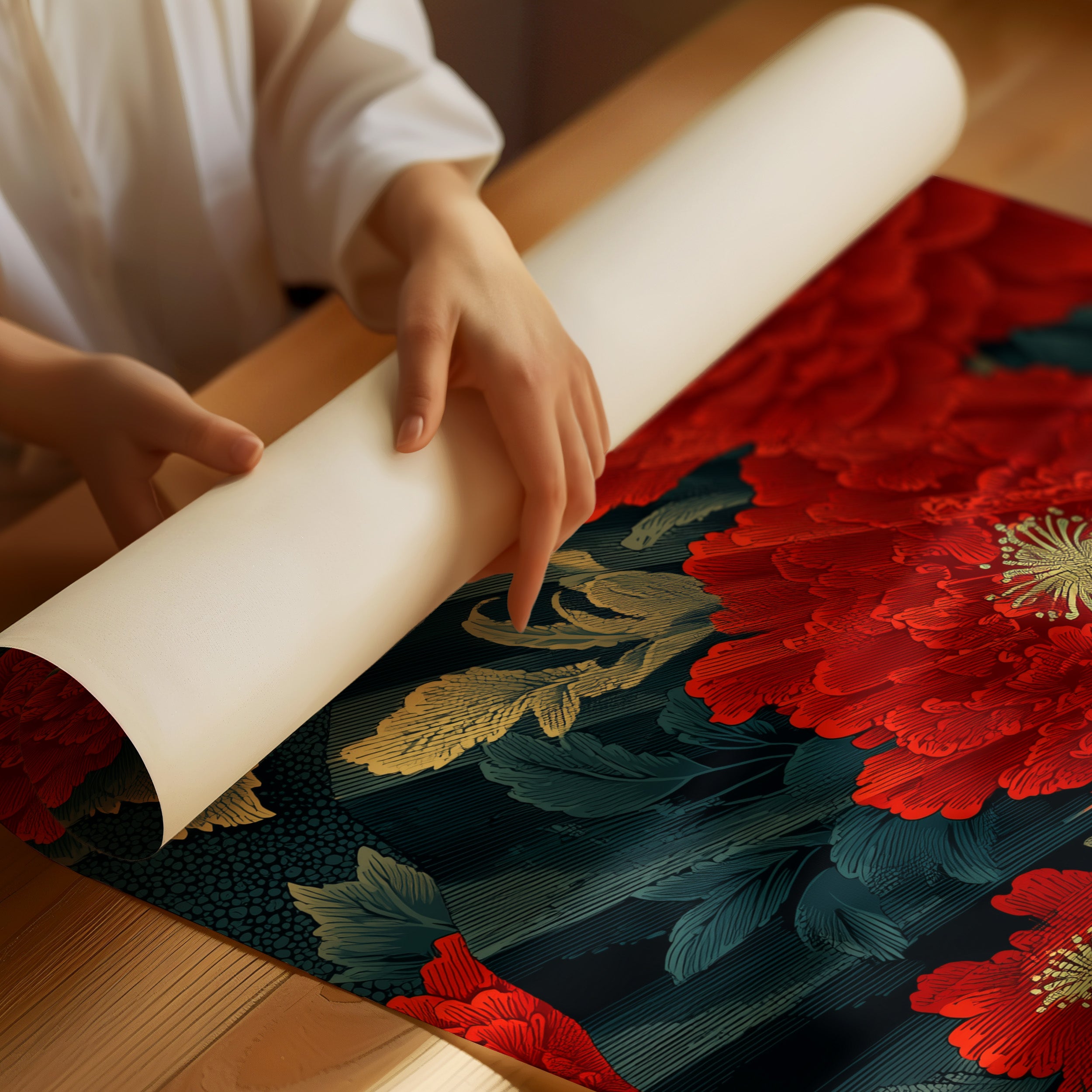 Peonies on a Painted Fan