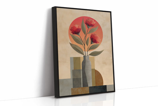 Red Blooms Against City Shapes