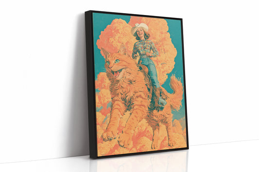 Cowgirl on a Giant Cat — Retro Surrealist Western Print