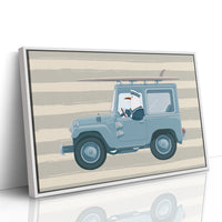 Surfing Seagull Canvas Art | Coastal Bird Driving Jeep with Surfboard Print for Beach House, Kids Room or Nautical Décor