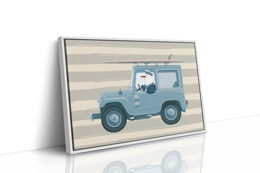 Surfing Seagull Canvas Art | Coastal Bird Driving Jeep with Surfboard Print for Beach House, Kids Room or Nautical Décor