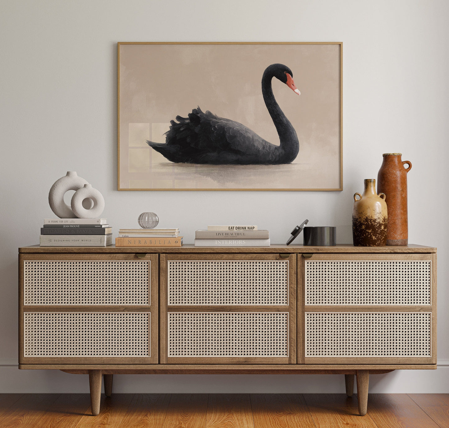 Black Swan Glides Through Blush Dawn