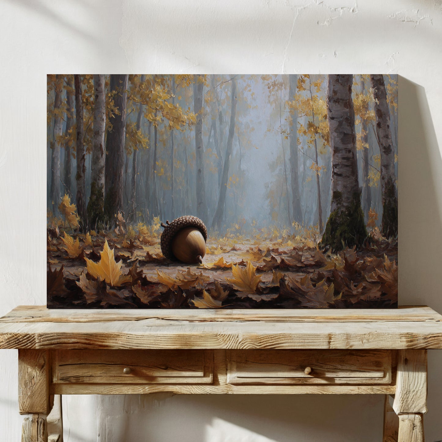 Giant Acorn Rests Among Birch Trees