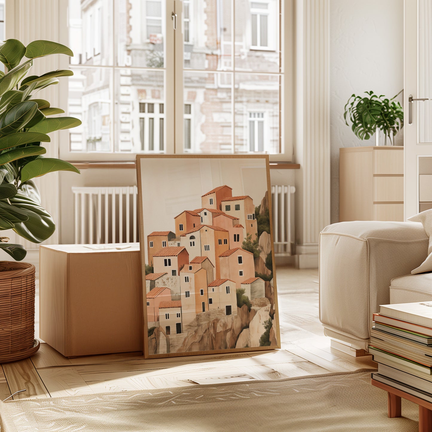 Sunlit Cliffside Village in Warm Earth Tones