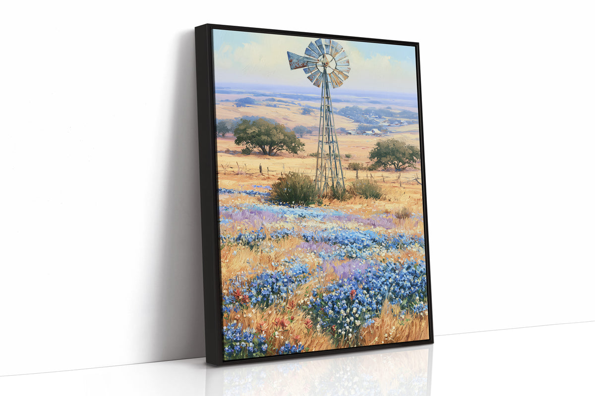 Windmill and Bluebonnets — Texas Hill Country Oil Print