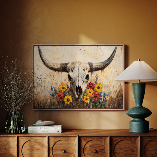 Longhorn Skull with Wildflowers