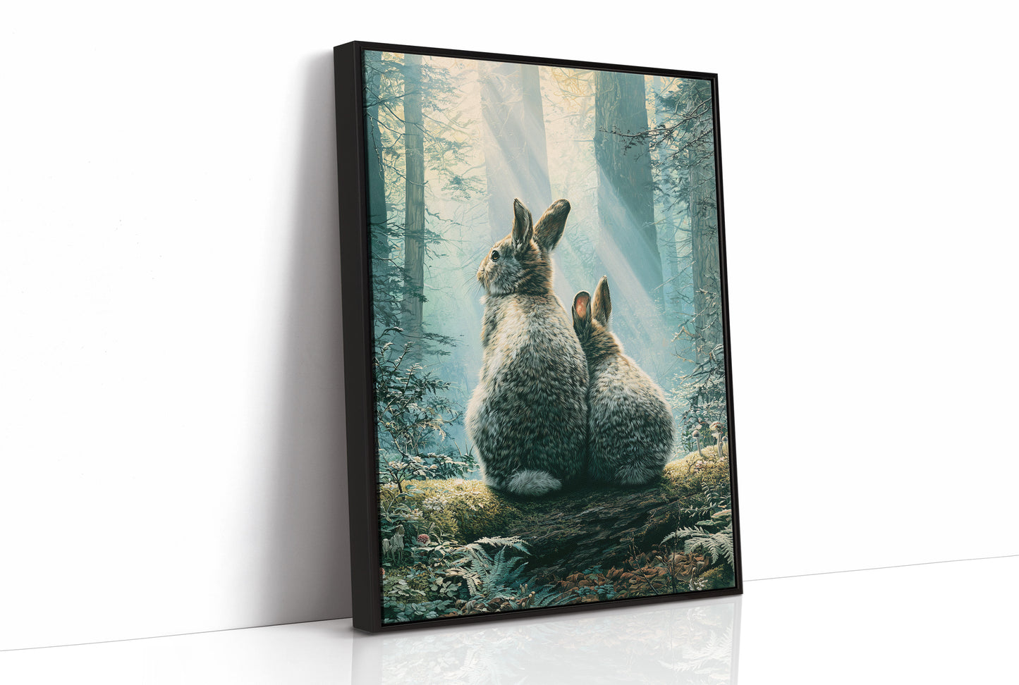 Two Rabbits in Morning Light — Forest Clearing Painting