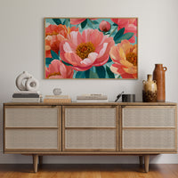 Coral Peonies Dance In Turquoise