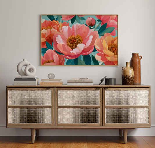 Coral Peonies Dance In Turquoise