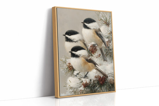 Chickadees on Frosted Pine