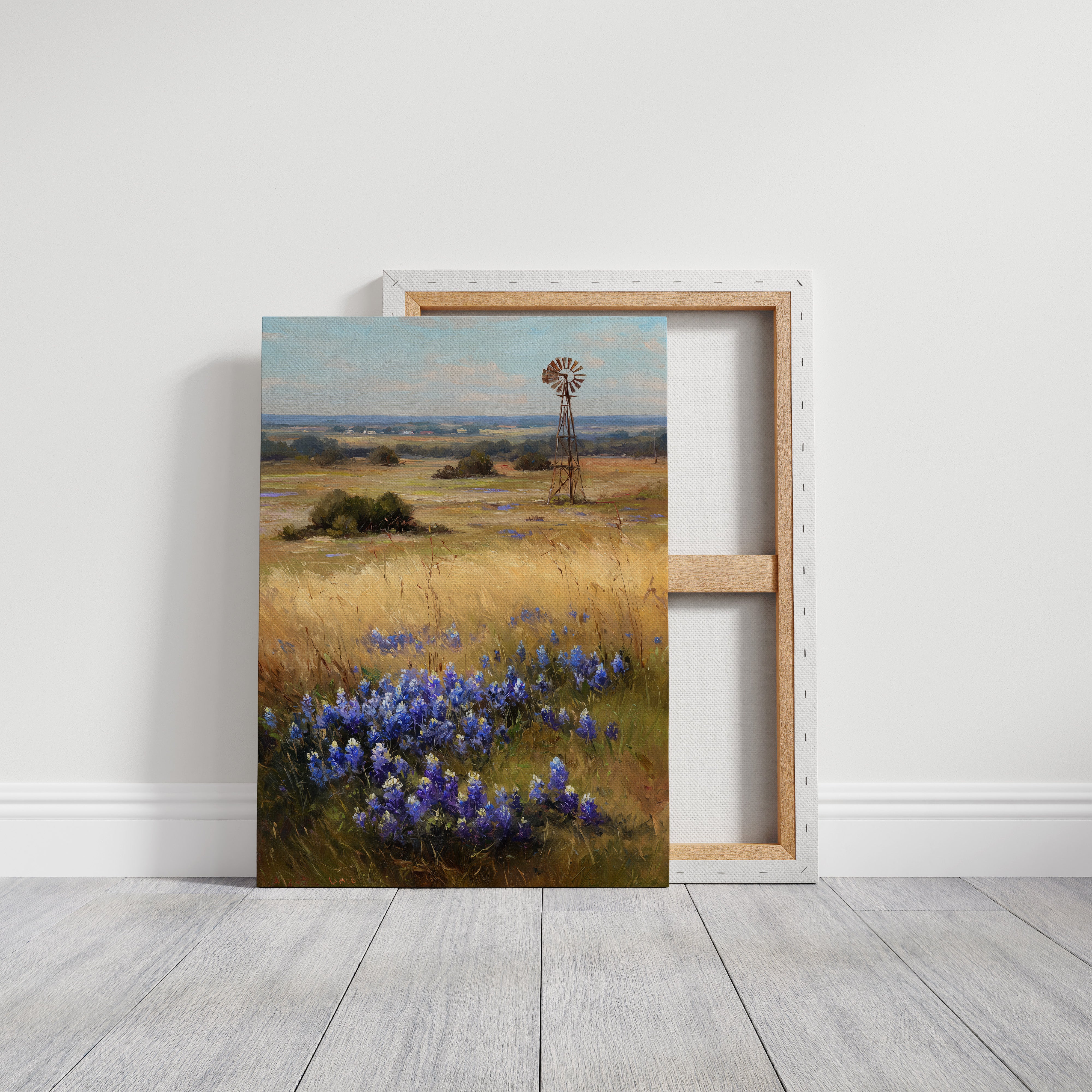 Bluebonnets Dance Near Rustic Windmill