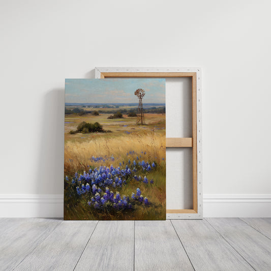 Bluebonnets Dance Near Rustic Windmill