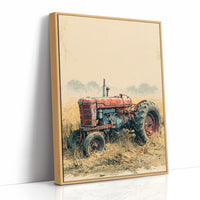Rusted Red: Tractor at Rest in Golden Grass