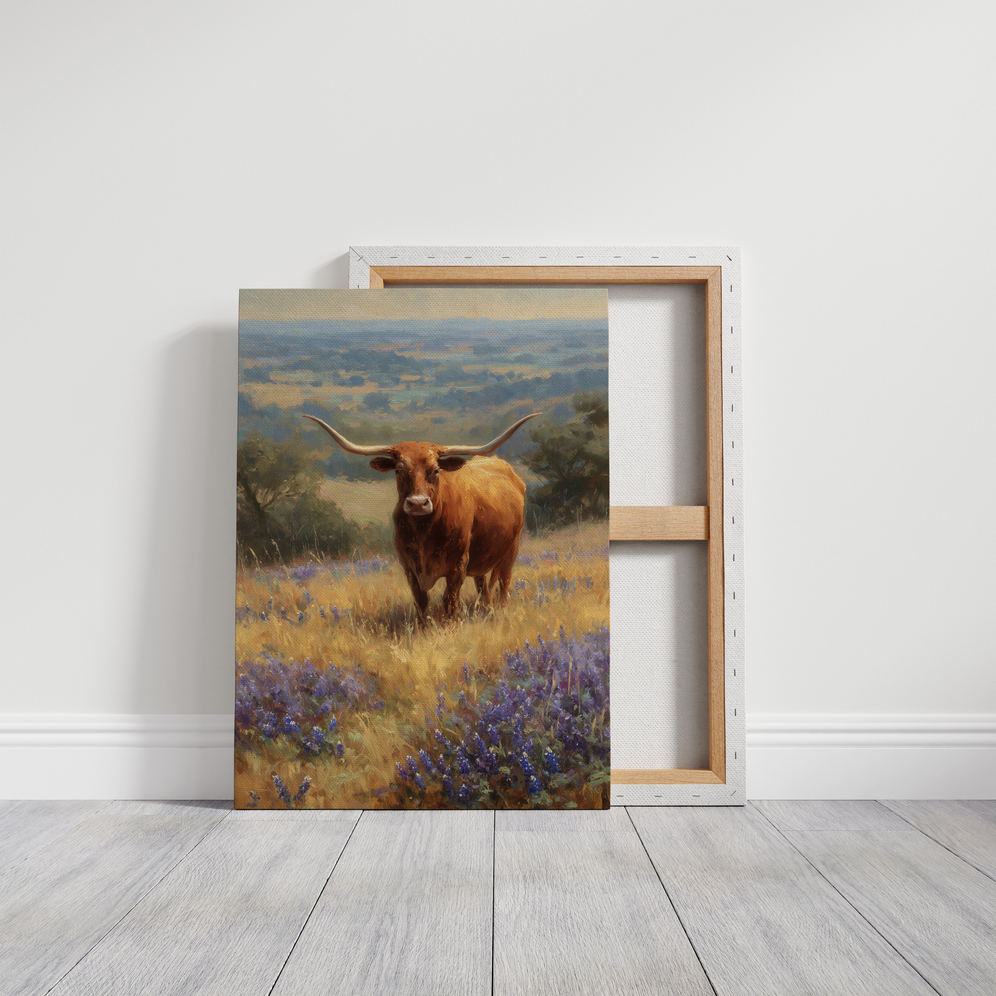 Longhorn Grazes Among Bluebonnet Dreams