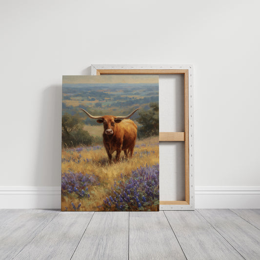 Longhorn Grazes Among Bluebonnet Dreams
