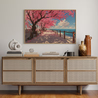 Cherry Blossoms Dance Above Ocean Paths