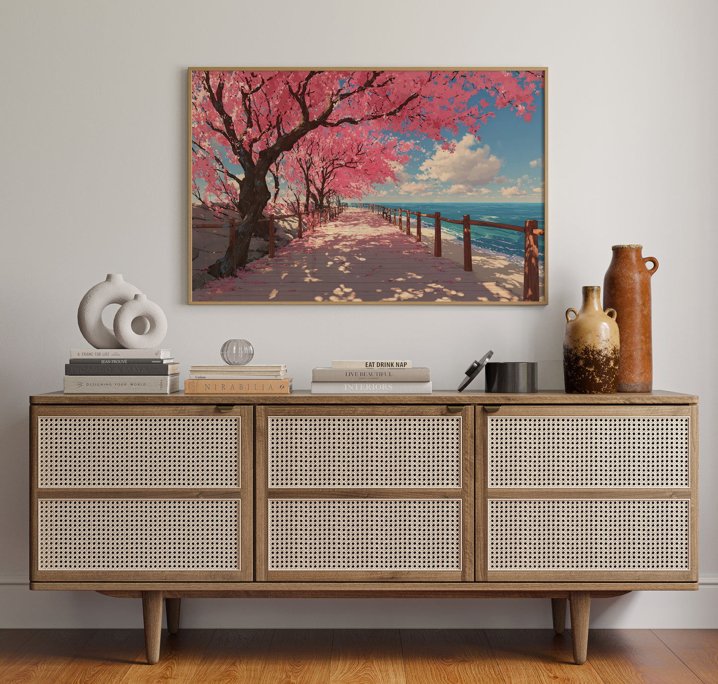 Cherry Blossoms Dance Above Ocean Paths