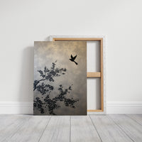 Bird Takes Flight Through Cherry Blooms