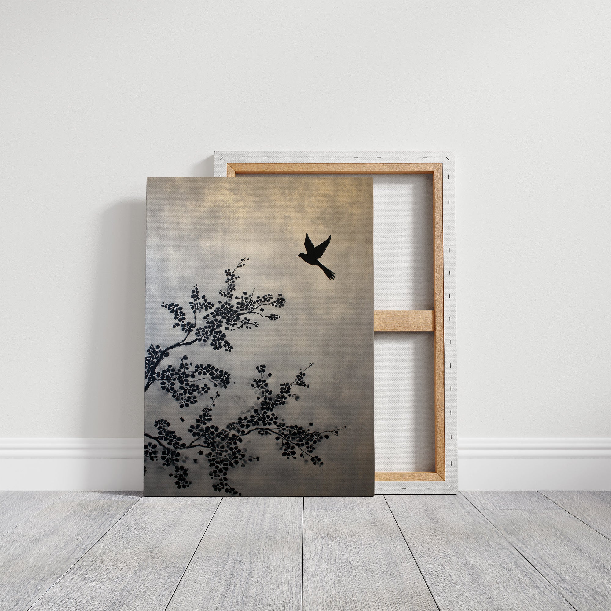 Bird Takes Flight Through Cherry Blooms