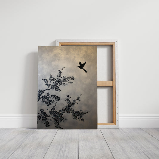 Bird Takes Flight Through Cherry Blooms