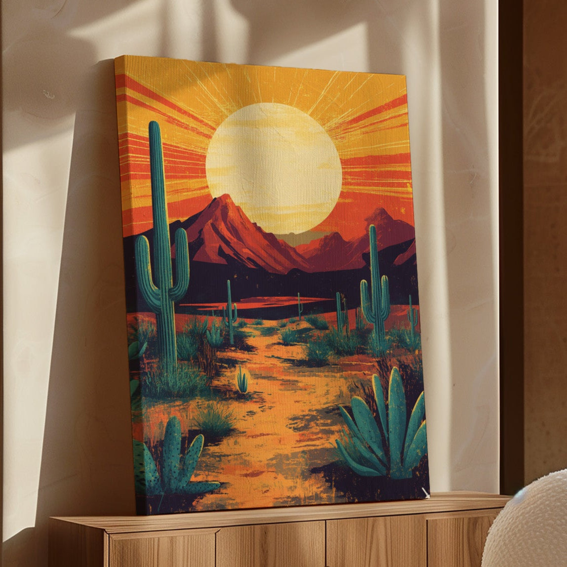 Golden Desert Sunset – Southwestern Cactus Wall Art