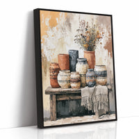 Bench of Boho Pots and Dried Blooms