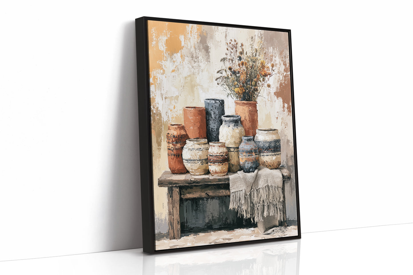 Bench of Boho Pots and Dried Blooms
