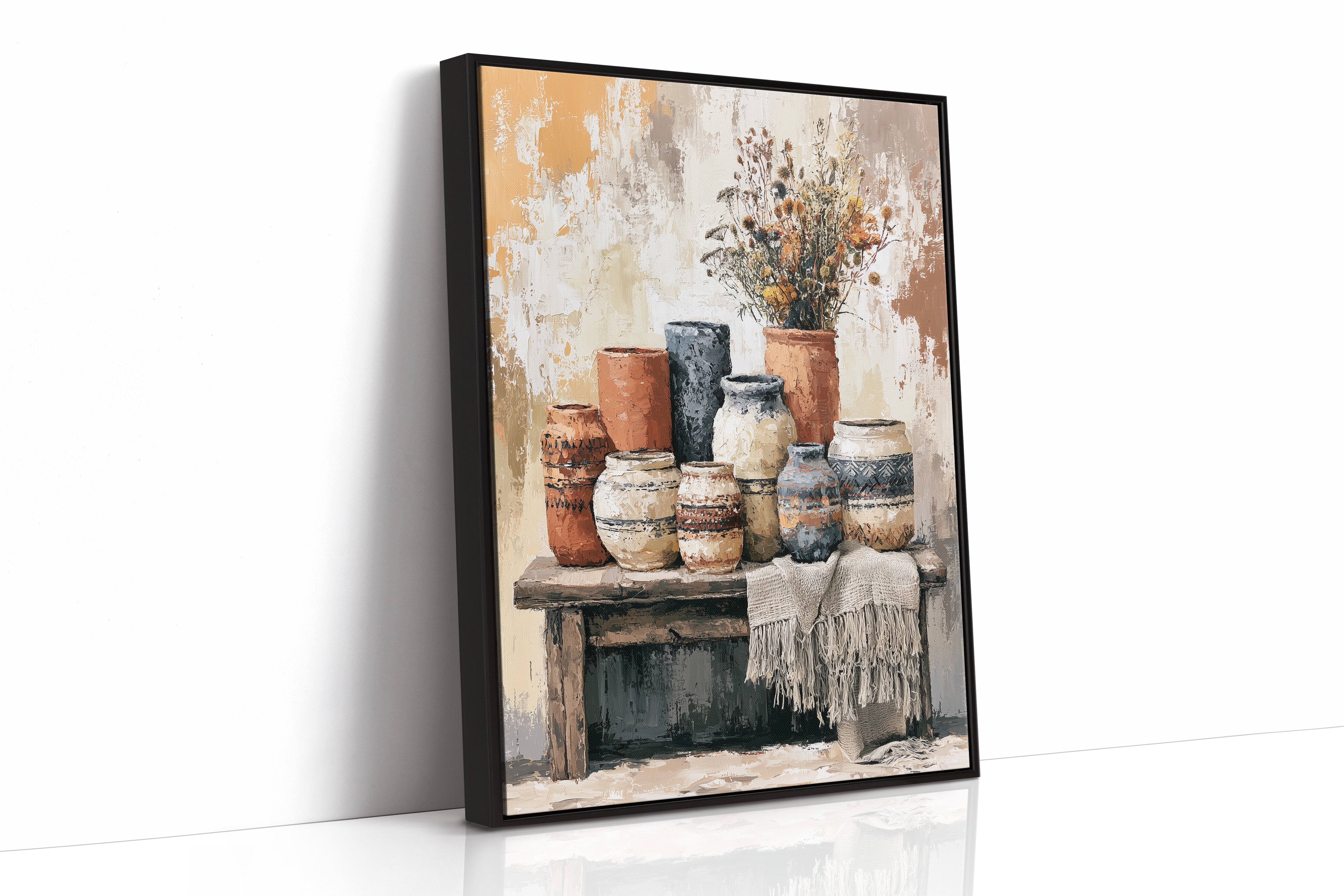 Bench of Boho Pots and Dried Blooms