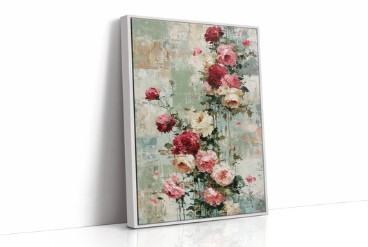 Climbing Roses on Plaster — Crimson Drip Impasto Painting