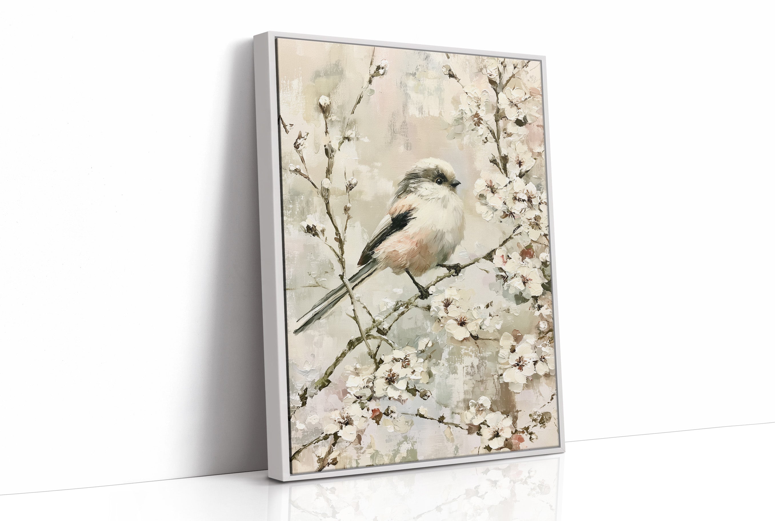 Long-Tailed Tit in Cherry Blossoms — Impasto Bird Painting