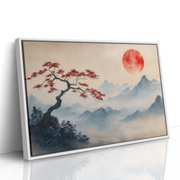 Japanese Landscape Wall Art – Red Sun and Bonsai Mountain Print